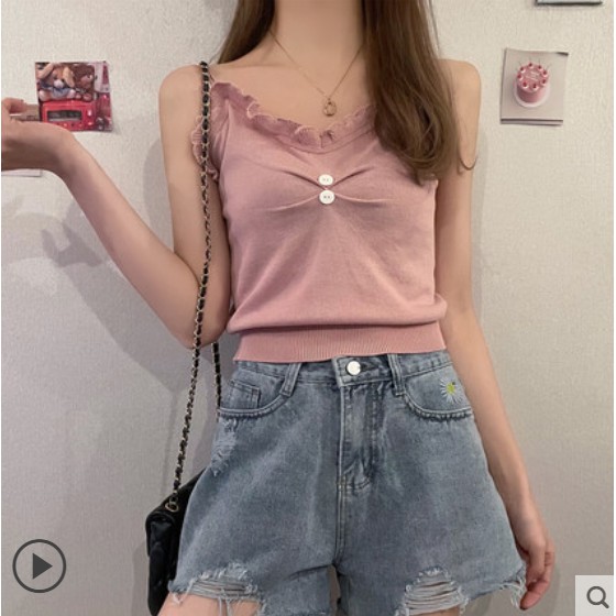 Áo 2 dây đẹp chuẩn vóc dángGIADUNGTONGKHO1Áo Dệt Kim Sát Nách Màu Trơn Cài Nút Trước Phối Diềm Xếp Nếp Hàn Quốc