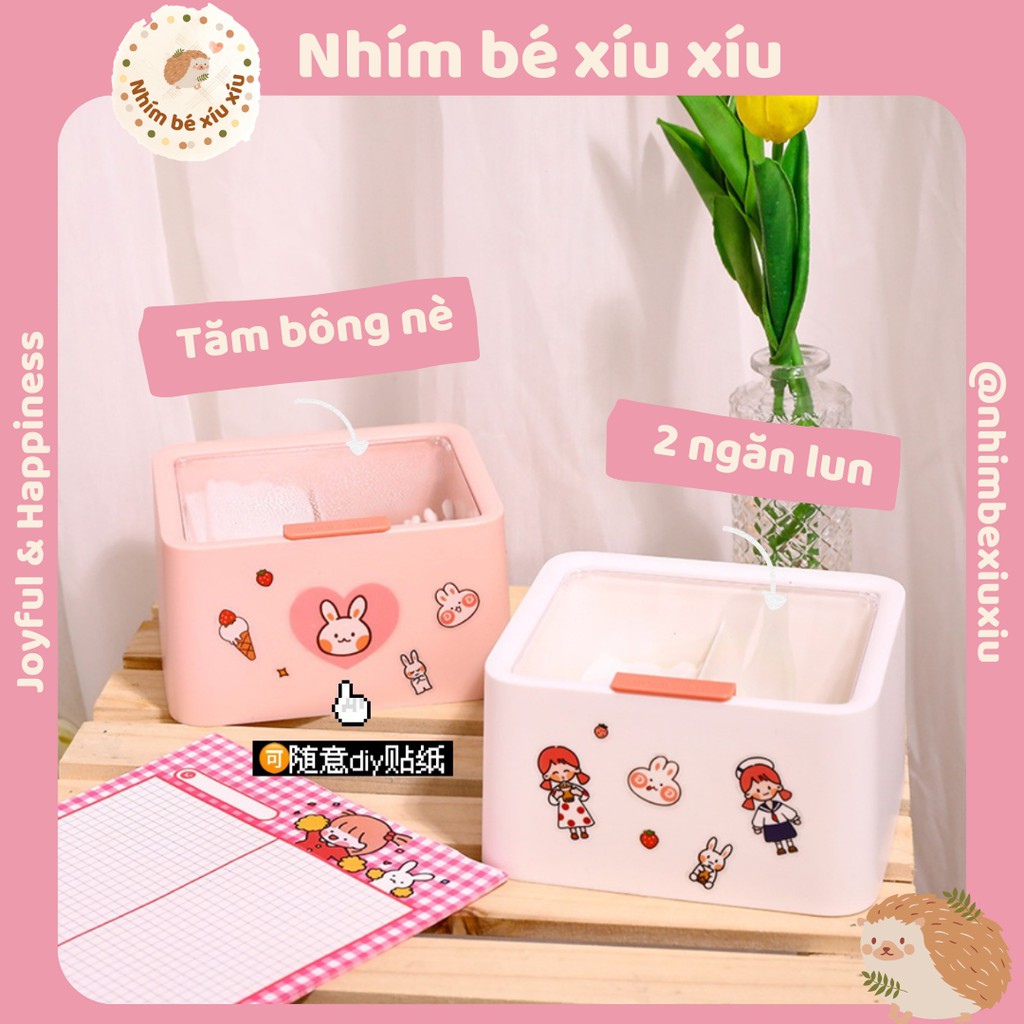 [KÈM STICKER] Hộp nhựa 2 ngăn có nắp đậy để bông tẩy trang, bông tăm, mút trang điểm tiện lợi TN85