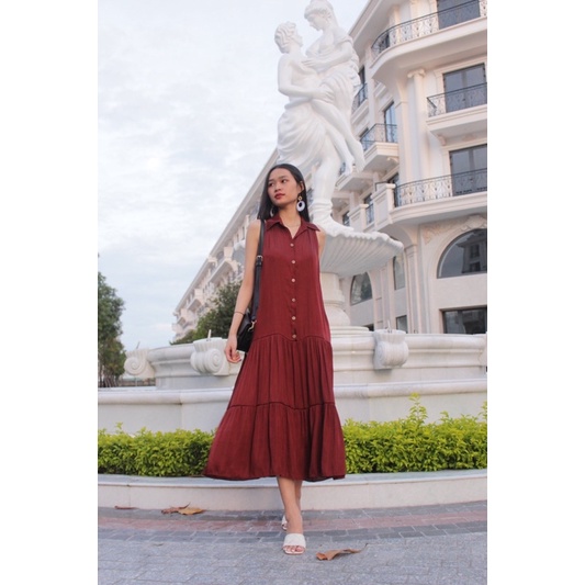 Đầm sơ mi nữ - Thiết kế sát nách tùng váy tầng xoè