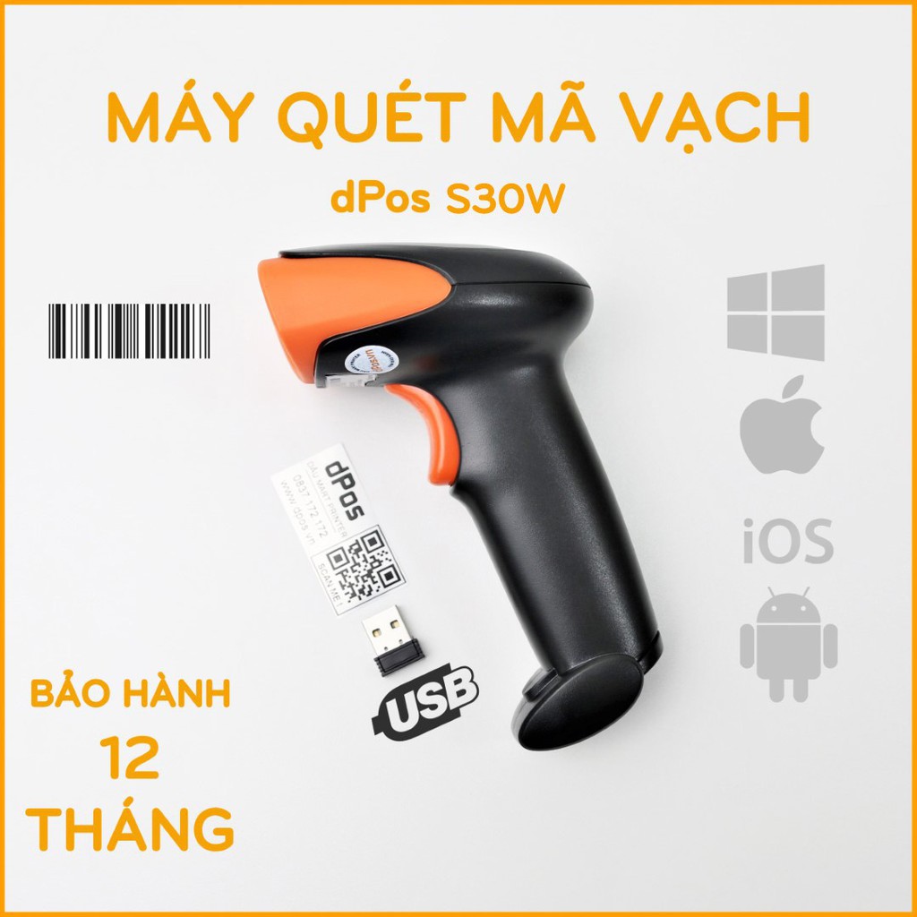 Máy quét mã vạch không dây dPos S30W Scan mã vạch Barcode 1D dành cho shop bán hàng quản lý kho xuất nhập hàng hóa TMĐT