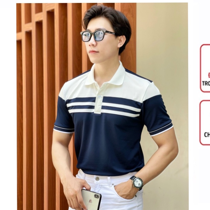 Áo Thun Nam Cổ Trụ Xanh Đen Sọc Kẻ Trắng Trước Ngực Thời Trang MODLE FASHION