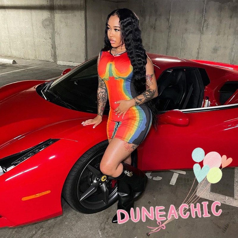 DUNEA Đầm Sát Nách In Họa Tiết 3D Màu Sắc Tương Phản Quyến Rũ Cho Nữ