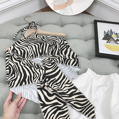 Bộ Yếm Ngựa Vằn Quần Sooc Nữ 🍉 Set Áo Buộc Dây Kèm Quần Đùi Trắng 🍉sang chảnh | BigBuy360 - bigbuy360.vn