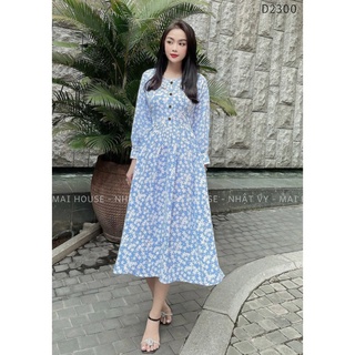 Đầm Hoa Đi Chơi NHẬT VY Cổ Vuông Kiểu Viền Ren Tay Dài Phối Cúc Gỗ Chất Mango Dáng Xoè Màu Xanh - D2300