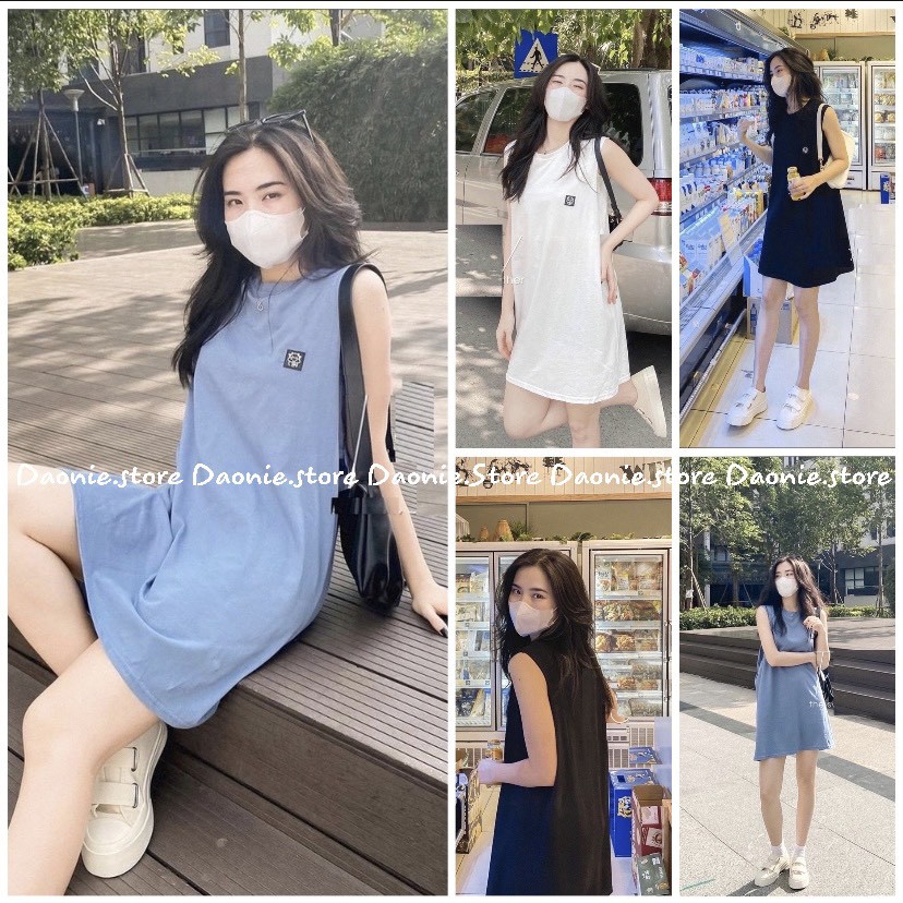 Váy tanktop trơn basic logo bò sữa kèm bra ♥ đầm suông sát nách năng động ♥