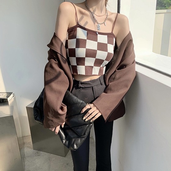 QADCOL Áo hai dây dệt kim dáng ôm họa tiết kẻ sọc phong cách retro cho nữ