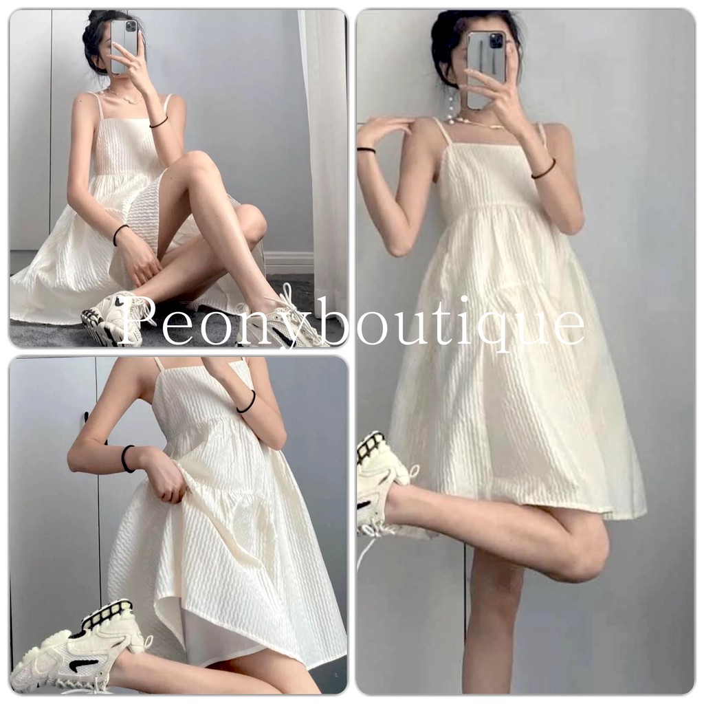 Váy 2 Dây Đũi Nhăn Trắng PEONYB Nữ [FREESHIP] 🌸 Đầm babydoll dáng suông bánh bèo mặc đi biển cá tính Ulzzang 🌸 | BigBuy360 - bigbuy360.vn