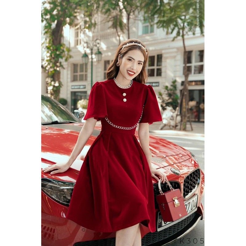 Đầm tay rũ viền ren phối nút