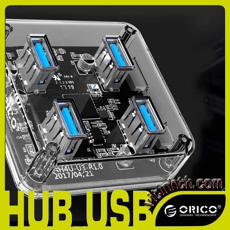 Hub 4 cổng USB 3.0 bản trong suốt ORICO MH4U -U3 + tích hợp cổng cấp nguồn phụ - THComputer Q11