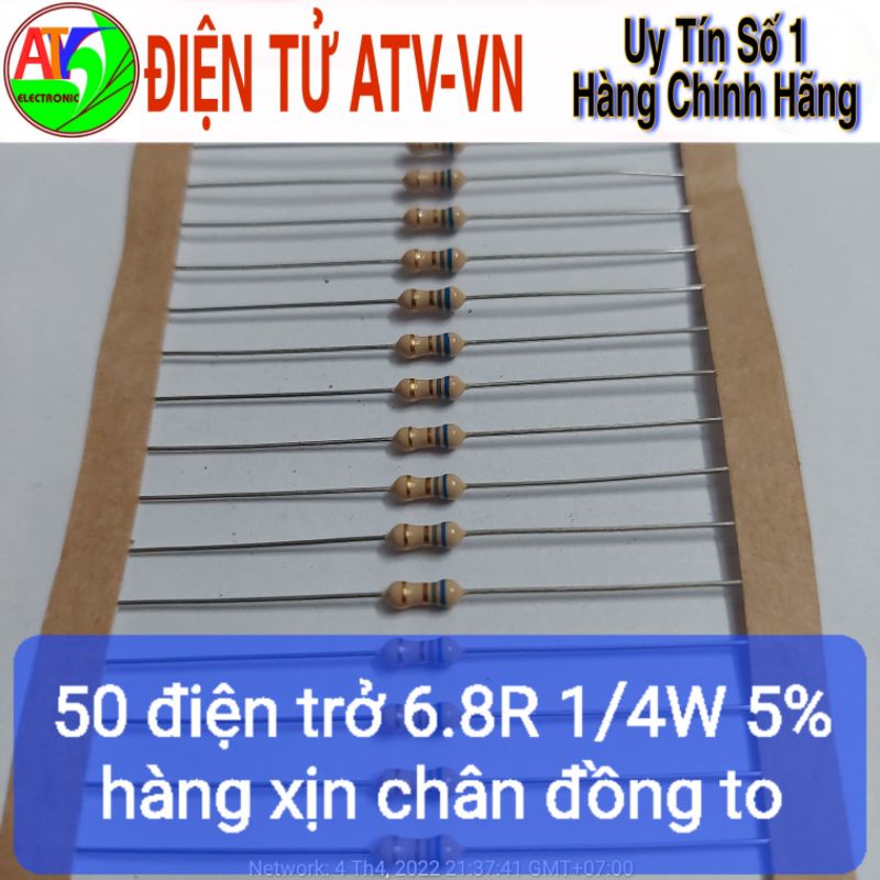 50 điện trở 6R8 6.8R 6.8ohm 1/4W 5% hàng xịn chân đồng to ôm