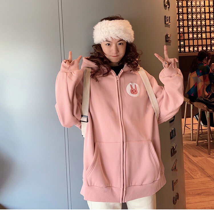 Áo Hoodie Unisex nam nữ form rộng tay dài có dây kéo, nón 2 lớp chui đầu thêu THỎ HỒNG nhiều màu phong cách Ulzzang | BigBuy360 - bigbuy360.vn