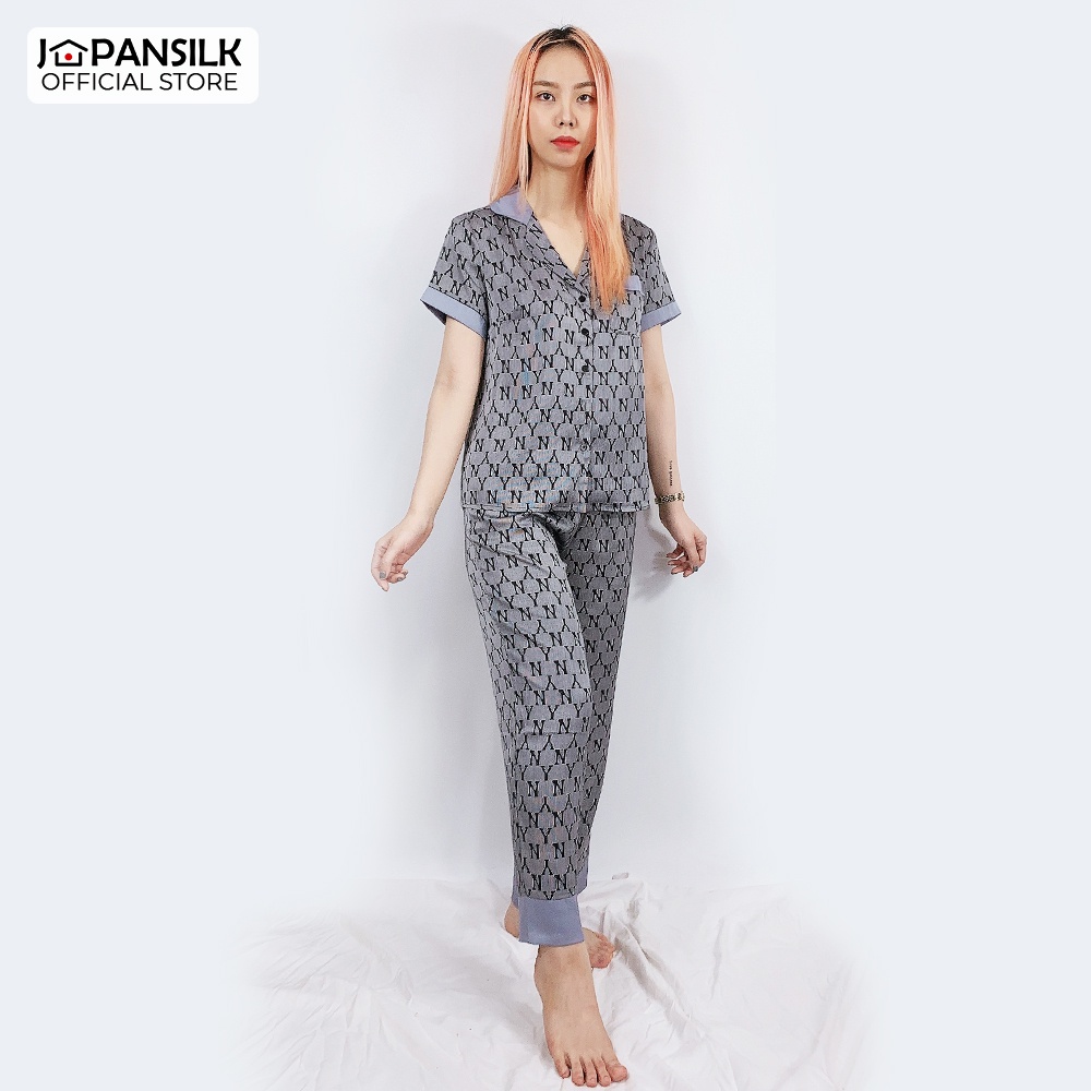 Đồ Ngủ Lụa Satin Nhật Pijama Ngắn Tay Họa tiết Cành Hồng Đá Vintage Trang Nhã JAPAN SILK Chính Hãng