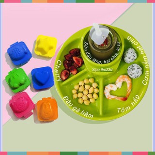 Combo ăn dặm: 1 Khay ăn dặm tròn 4 ngăn Inomata Nhật và Bộ 6 Khuôn ép cơm bento cho bé