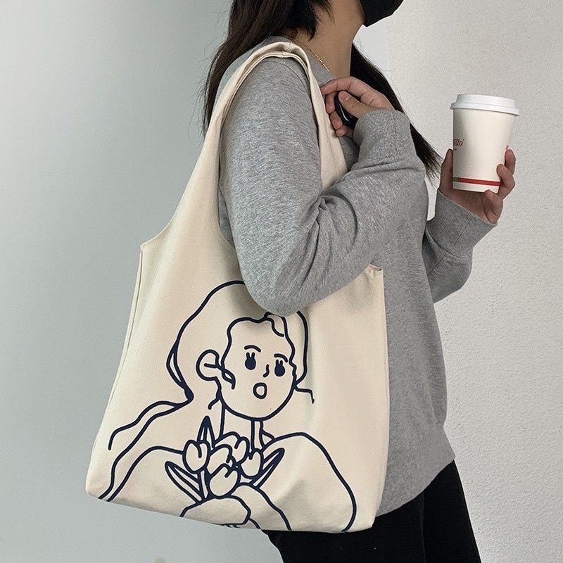 Túi Tote Vải Canvas Đeo Vai Đựng Đồ Cỡ Lớn Cô Gái Và Bó Hoa