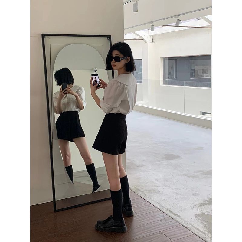 ❣☼Matsumoto Cocoa sbkk Chân Váy Quần Ngắn Chữ A Xếp Ly Lưng Cao Màu Đen Cho Nữ