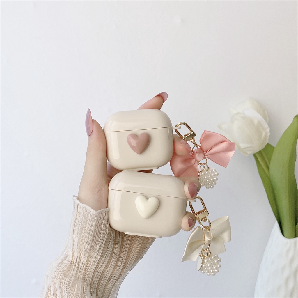 Vỏ Bảo Vệ Hộp Sạc Tai Nghe AirPods Pro 1 2 3 Hình Hộp Sữa Trái Tim Màu Trắng Kèm Dây Đeo Ốp