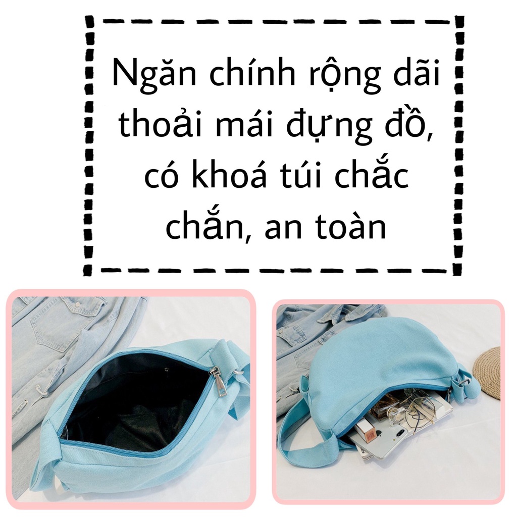 Túi vải Tote đeo chéo bán nguyệt vải canvas phong cách unisex đựng sách vở đi học đi chơi