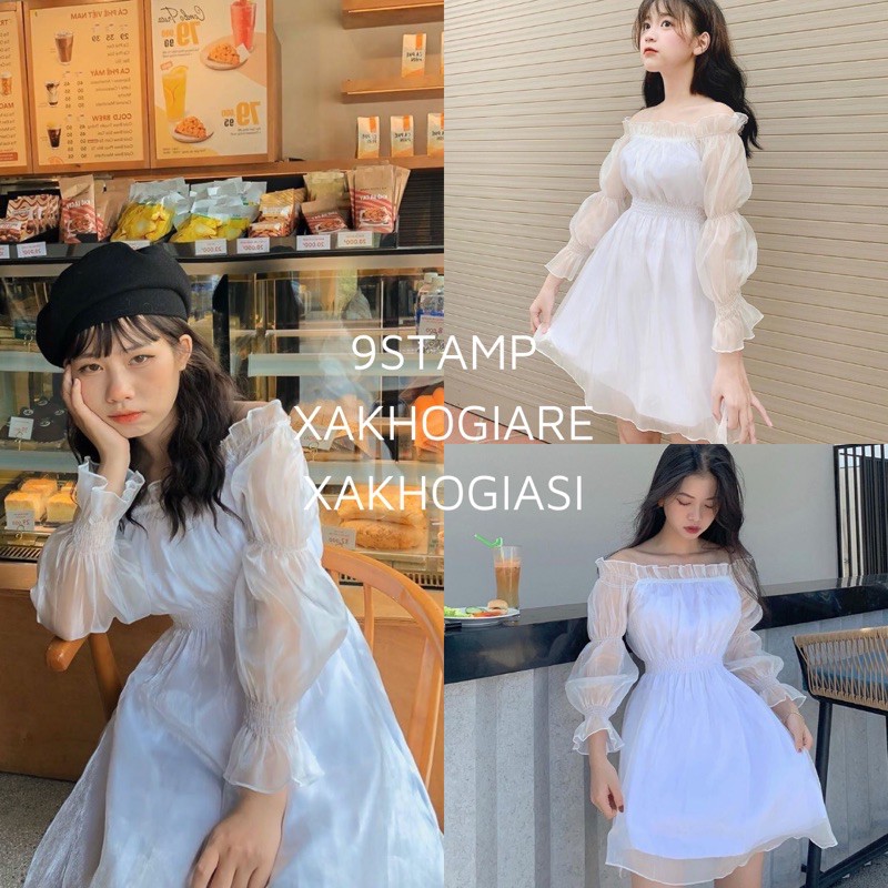 (CLIP THẬT) Đầm trễ vai voan lấp lánh bẹt vai