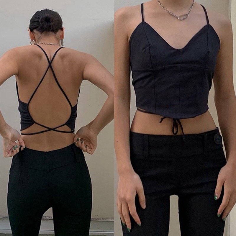 Áo 2 dây croptop kiểu sexy Hở lưng Áo hai dây đi club bar dự tiệc Gợi cảm Quyến rũ Cổ V Cột chéo cổ Cột eo