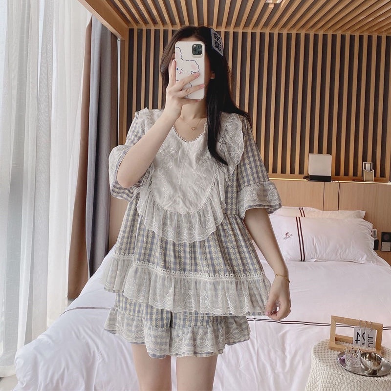 BỘ MẶC NHÀ TIỂU THƯ KẺ CARO VIỀN BÈO PHỐI REN rẻ nhất shopee