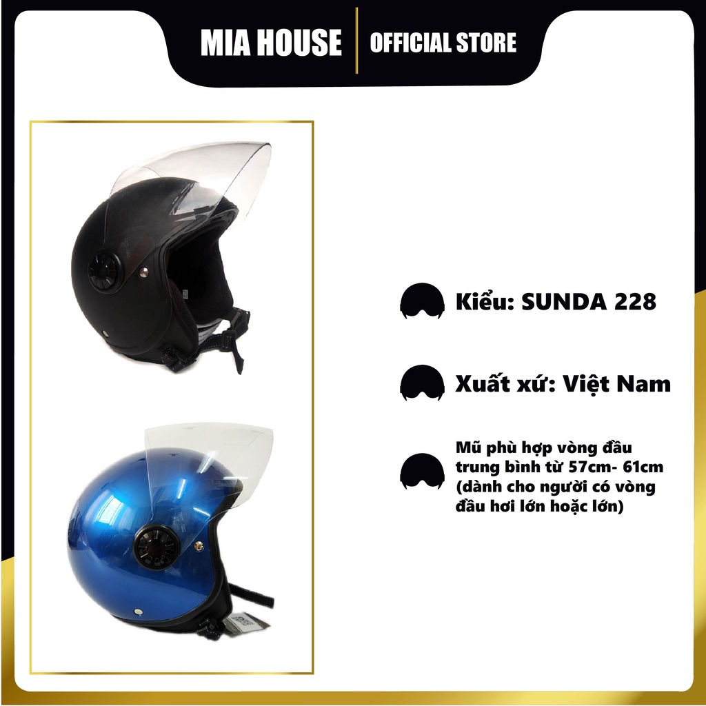 Mũ bảo hiểm 3/4 SUNDA 228 phù hợp cho nữ hoặc nam vòng đầu trung bình, kính trong hoặc trà, lót mũ tháo giặt - đủ màu
