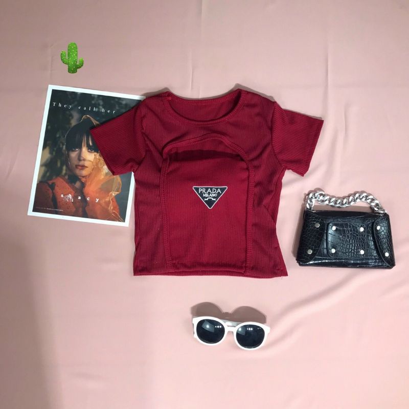 🅰️Áo thun nữ tay ngắn kiểu áo croptop cổ tròn trơn, logo thêu , chất vải thun gân cho nàng <50kg