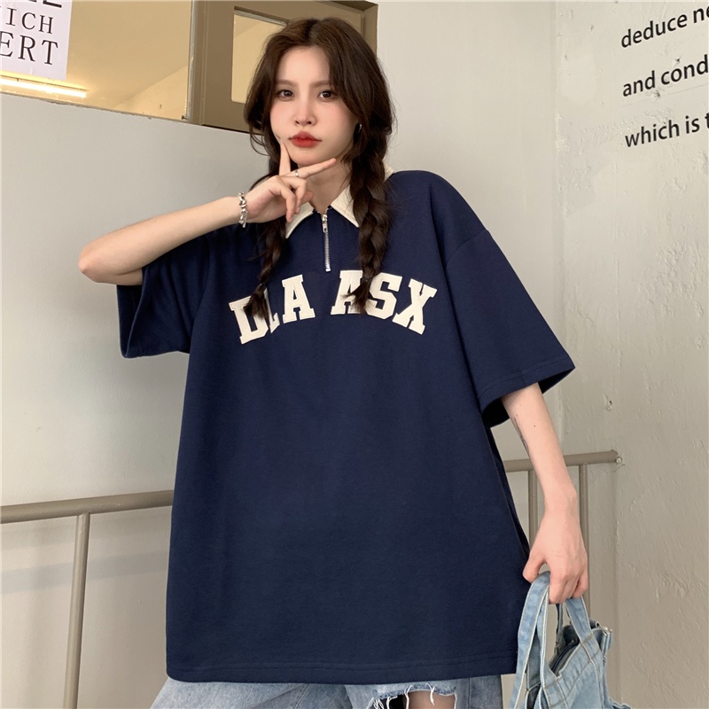 Áo polo Ngắn Tay Dáng Rộng Thêu Chữ Phối Khóa Kéo Kiểu Hàn Quốc Trẻ Trung Cho Nữ
