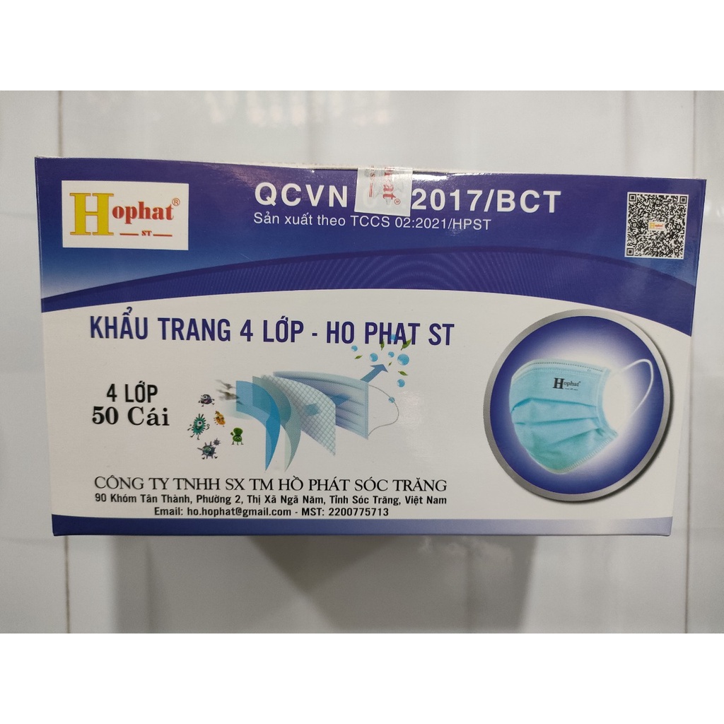 Khẩu Trang Y Tế 4 Lớp Hồ Phát Kháng Khuẩn -Hộp 50 Cái
