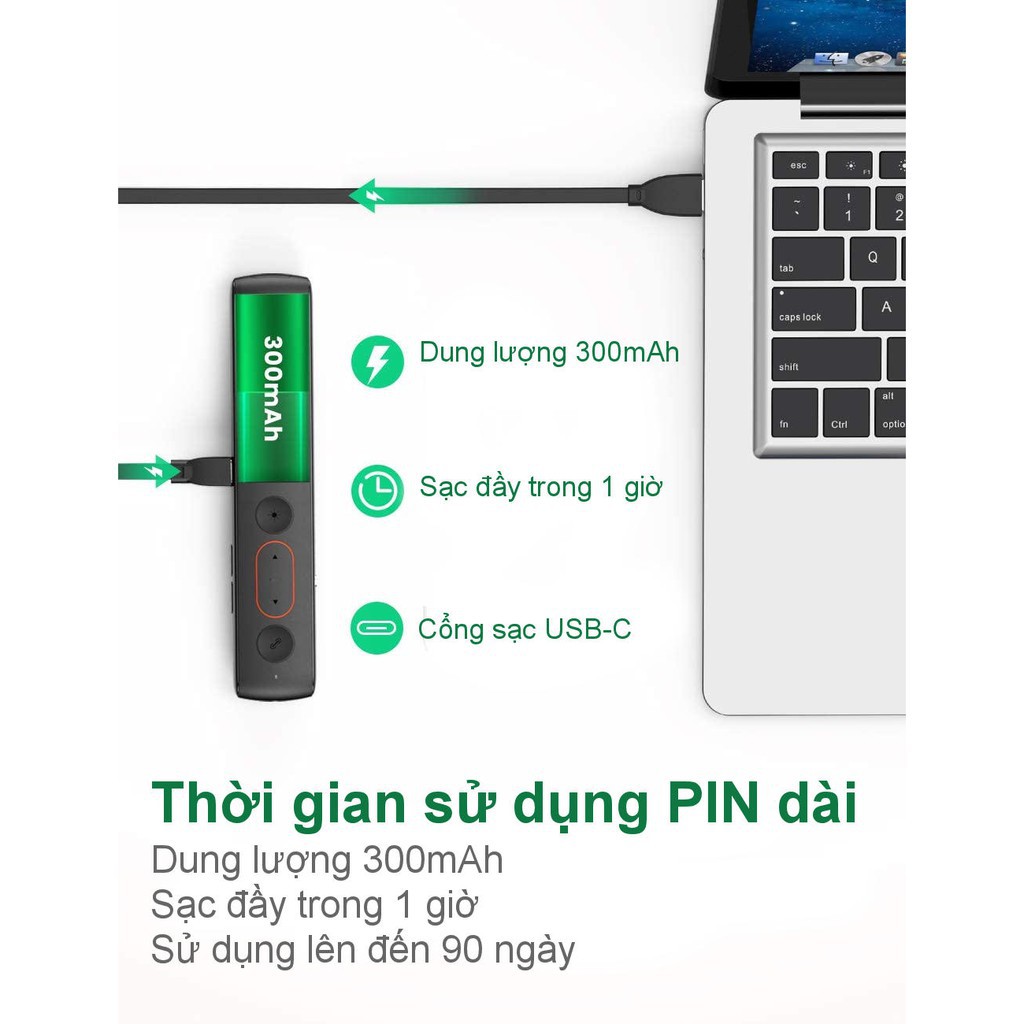 Bút trình chiếu PowerPoint Laser hãng UGREEN 60795 không dây điều khiển từ xa 100m cổng sạc USB type C pin 300mAh BH 12T