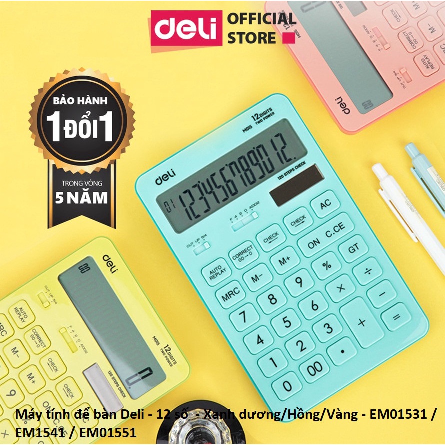 Máy tính để bàn Deli - 12 số - Nhiều màu sắc - Xanh Dương/Hồng/Vàng - 1 chiếc - EM01531 / EM1541 / EM01551 - Diệp Lạc