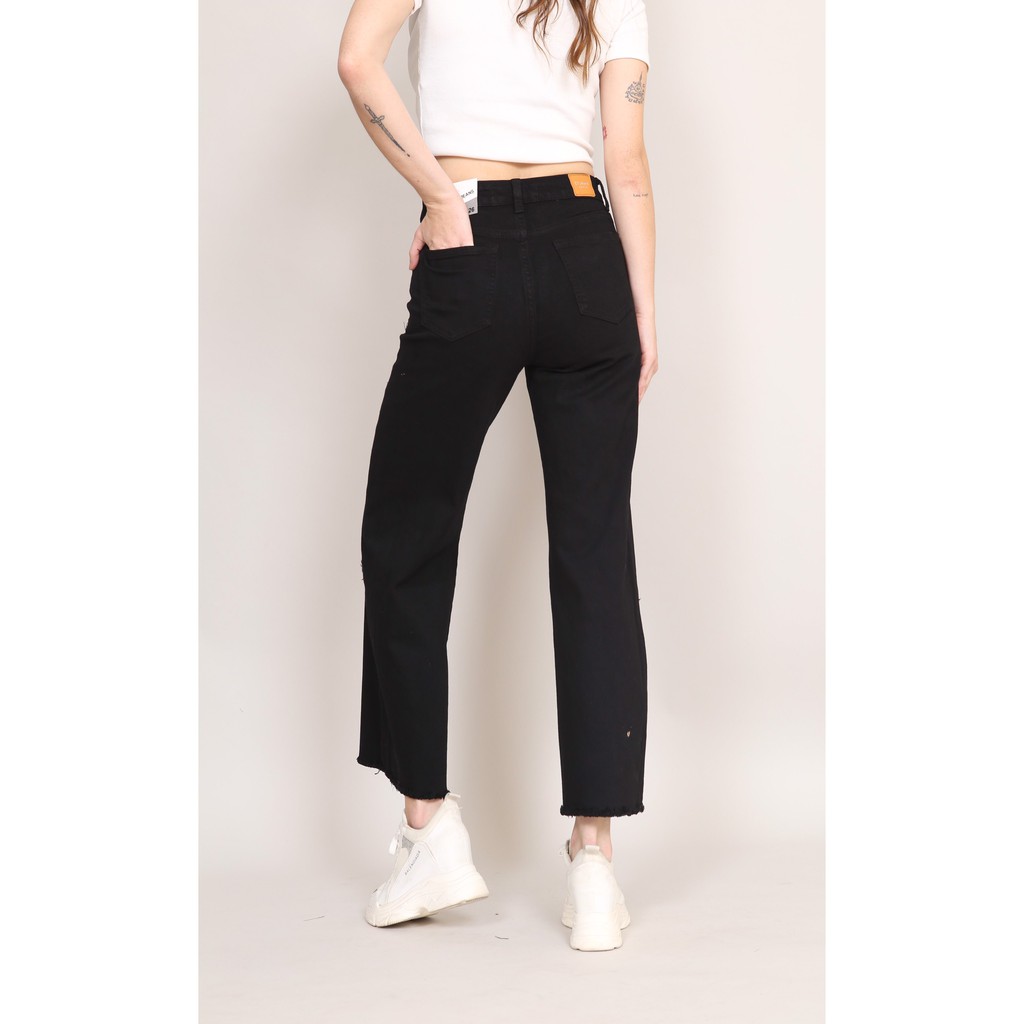 Quần Jean Nữ Ống Rộng lưng cao co giãn Đen Trắng Trơn Gấu Thường CT JEANS