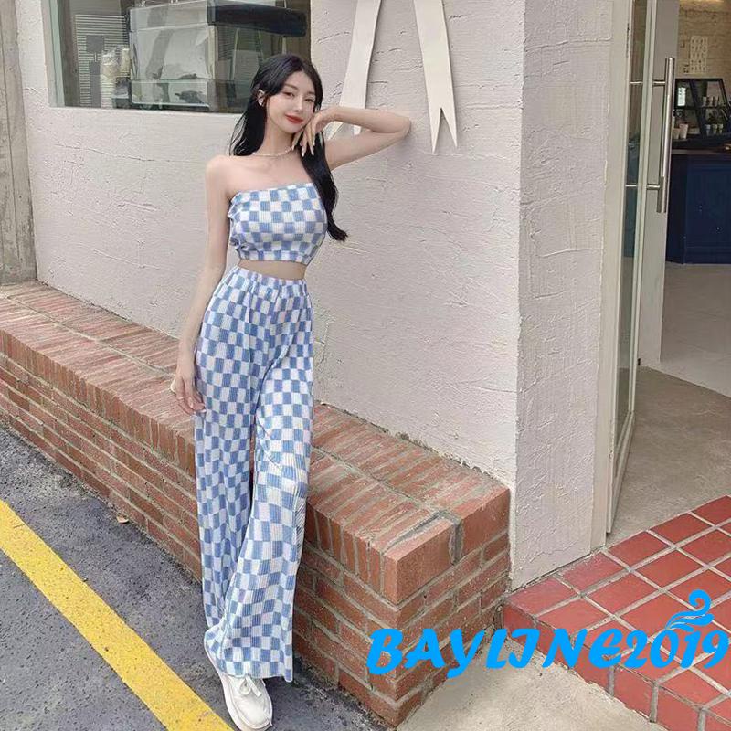 Bay-Women 2PCS Outfits, Check Pattern Sleeveless Tube Tops, High Waist Long Wide Leg Pants