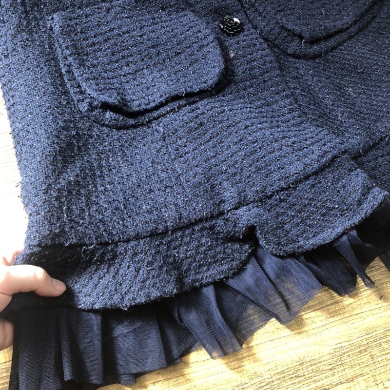 Áo khoác dạ tweed dài tay form dài viền ren tiểu thư màu xanh đen