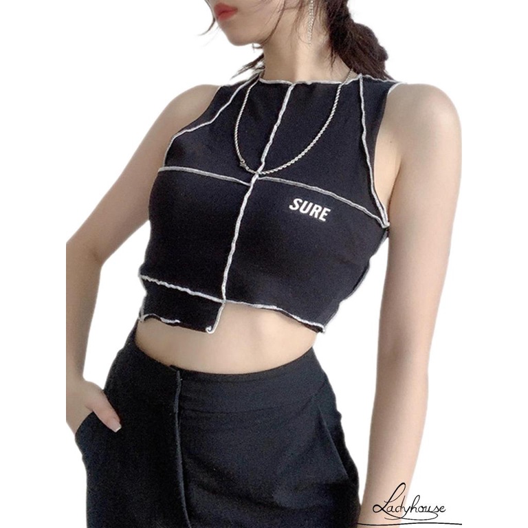 Áo Croptop Không Tay Co Giãn Họa Tiết Hình Học Cho Nữ