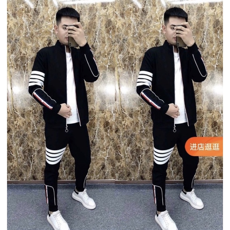 Bộ thể thao thu đông dài tay có hoạ tiết thom thời trang nam, Bộ đồ kéo khoá phong cách hàn quốc btshop từ 45 đến 75 kg
