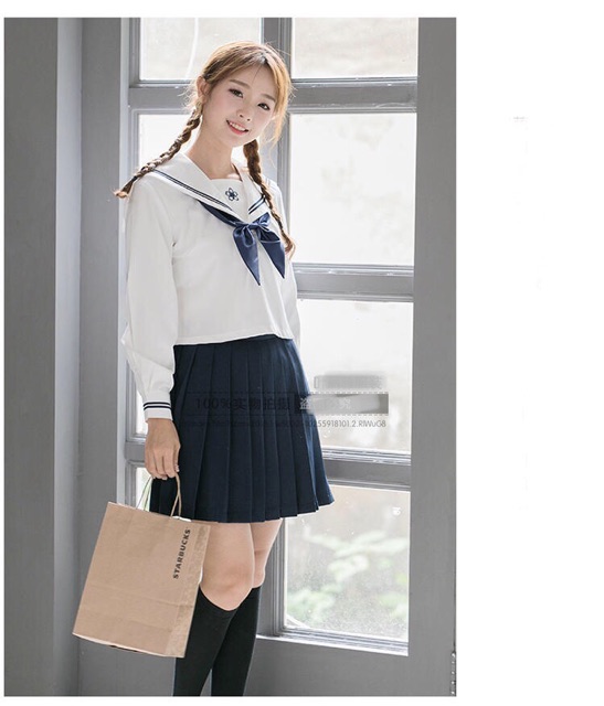 YAS0376-Set đồng phục Nhật thêu hoa anh đào xanh dương/đỏ