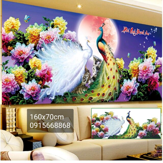 Tranh đính đá chim công 160x70cm