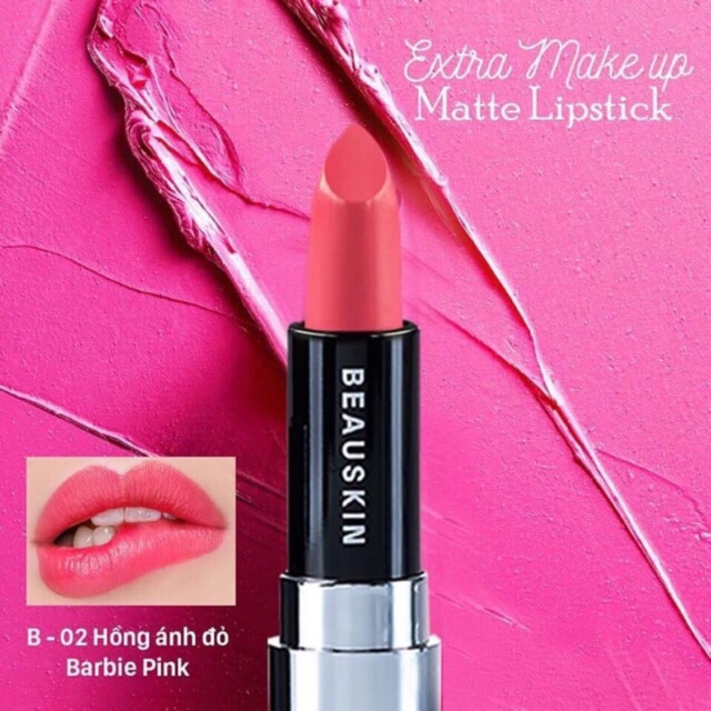 Son môi siêu lì, mịn môi Beauskin Extra Makeup Matte Líptick B-02 hồng ánh đở