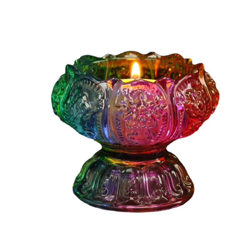 Cốc đựng nến, chân nến thủy tinh hoa sen lưu ly thờ cúng ngũ sắc
