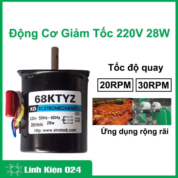 Động cơ giảm tốc 220VAC 28W, motor 68KTYZ trục 7mm chế máy quay thịt, máy công nghiệp