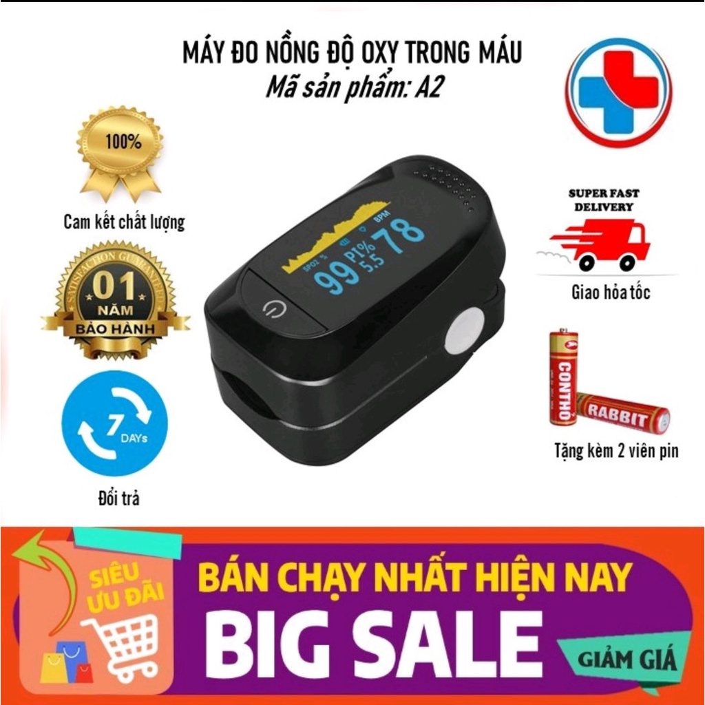 Máy đo nồng độ oxy trong máu, đo nhịp tim loại A2 3 chỉ số màn hình sắc nét