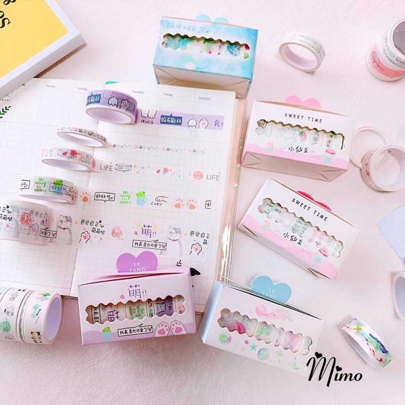 Set cuộn băng dính washi Cute , dán hộp, kệ, đồ dùng học tập, đồ vật trong nhà nhiều mẫu cute