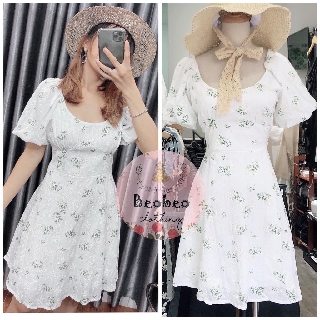 Đầm trắng hoa nhí cổ u tay phồng vintage