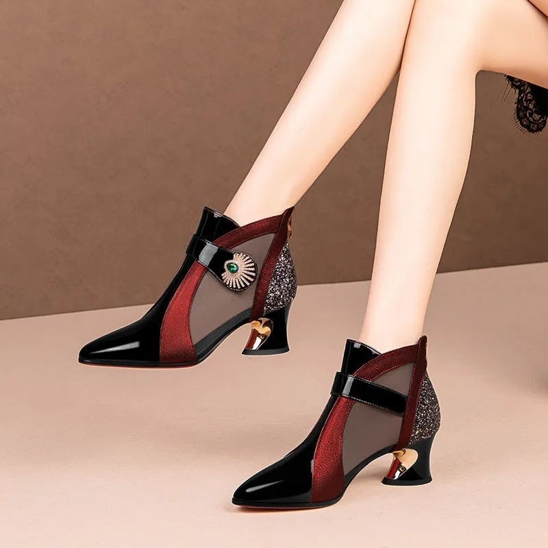 Giày Cao Gót Sandal Mũi Nhọn Đế Dày Hở Ngón Phối Lưới Phong Cách Mới Mùa Hè Dễ Phối Đồ Cho Nữ