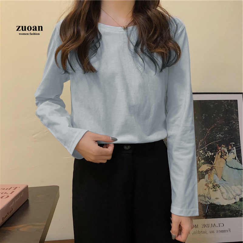 Áo thun SUXI tay dài dáng rộng màu trơn phong cách Hàn Quốc mùa thu đông cho nữ