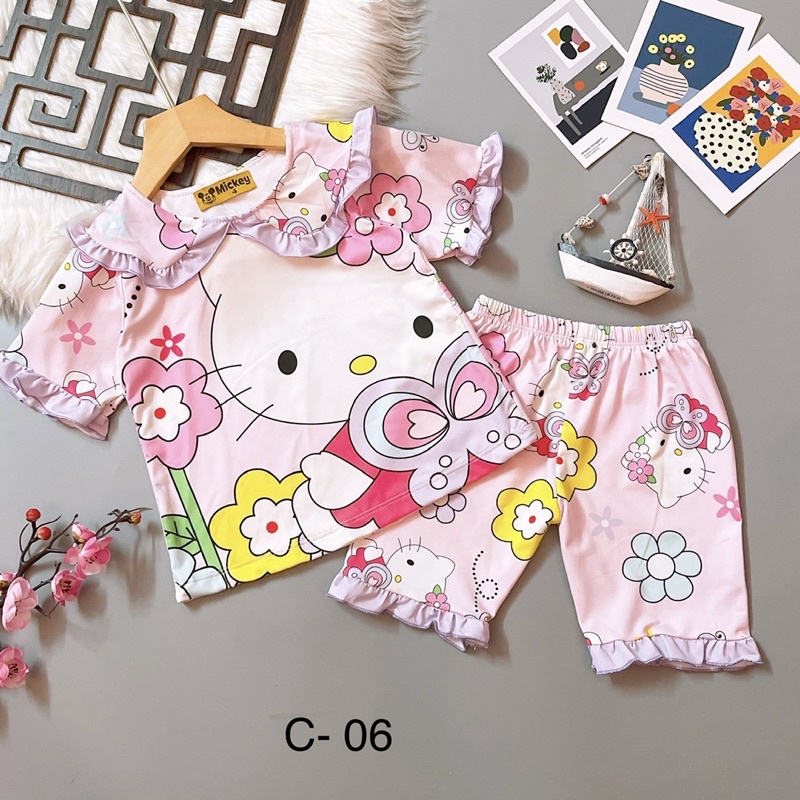 Đồ bộ pijama bé gái áo cộc quần lửng thun lạnh 3D mềm mát in hình cute mặc nhà mặc ngủ 12-21kg