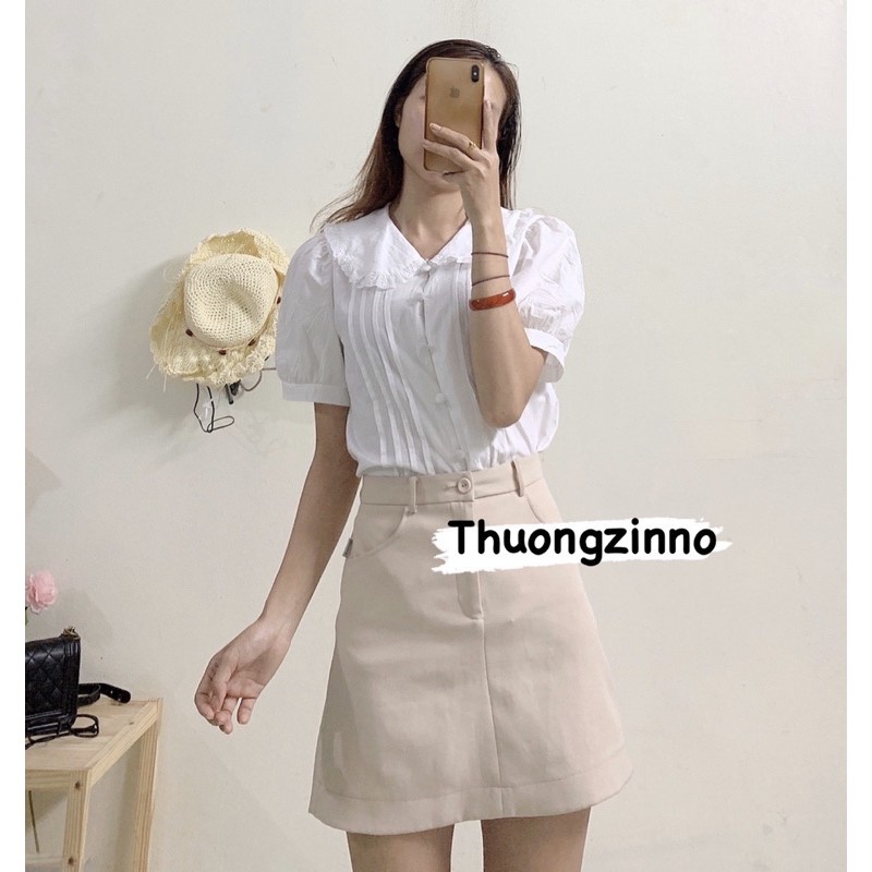 [Ảnh thật/Video]Áo sơ mi trắng cộc tay điệu đà thiết kế cổ sen phối cúc bọc Áo sơ mi cúc bọc