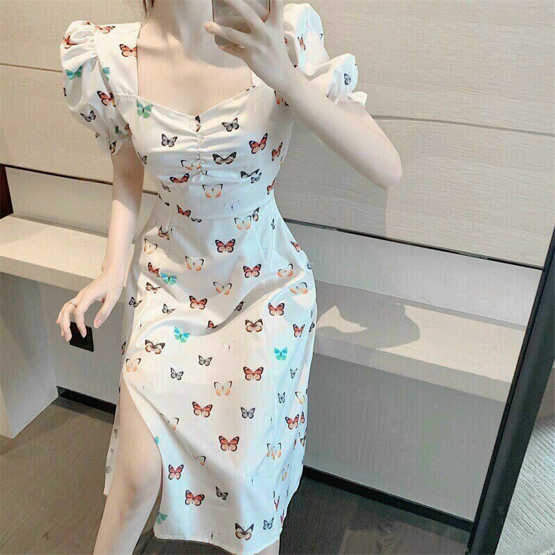 Đầm nữ in hoa xẻ tà tay phồng nhún ngực phong cách trẻ trung ( có mút ngực ) | BigBuy360 - bigbuy360.vn