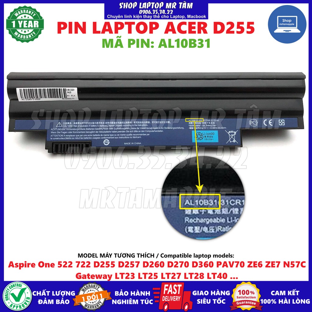 (BATTERY) Pin Laptop ACER D255 (AL10B31) - 6 CELL - Aspire One AO722 D255 D255E D257 D260 D270 D360 PAV70 ZE6 ZE7