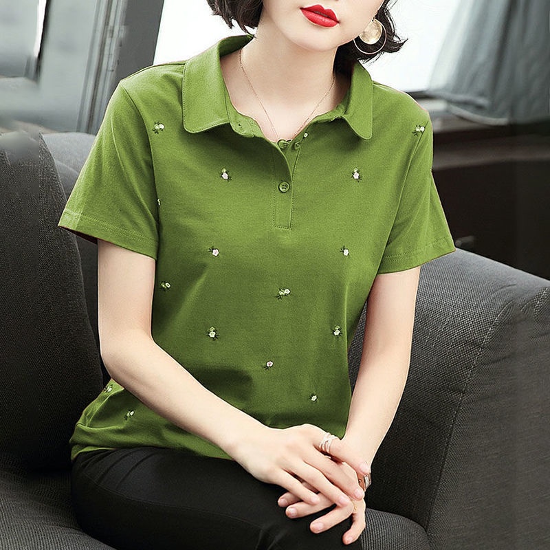Áo Thun cotton Ngắn Tay Thêu Họa Tiết Thời Trang Cho Phụ Nữ Trung Niên